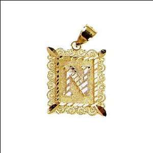 14k Yellow Gold, Initial Letter N Pendant Charm 16mm Wide 