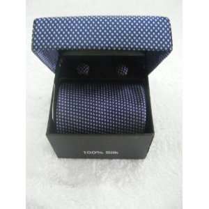 100% Thai Silk Necktie (Gift Set)  Deep Blue and Silver Mini Checkered 