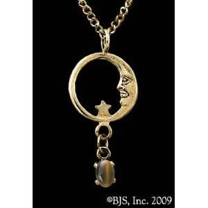  Star Necklace, 14k Yellow Gold, Tigers Eye set gemstone, Moon Star 