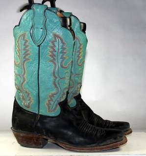 JUSTIN WESTERN/COWBOY TEAL/BLACK LEATHER DOUBLE SCALLOPED WOMENS BOOTS 