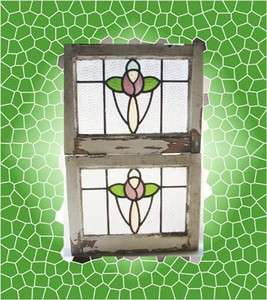Pair of Antique Stained Glass Windows 5 color Mac Roses  