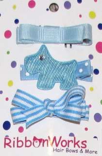 boutique set 3 clips hair bows BLUE dog stripe 1.75  
