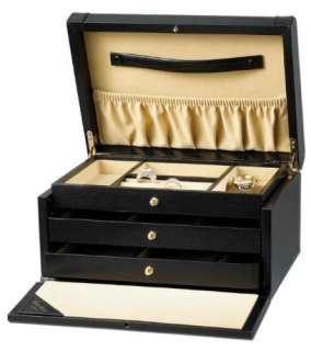 New Classic Black Leather Jewelry Box w Removable Trays  
