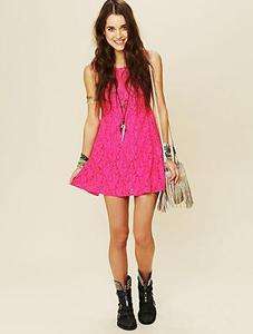 FREE PEOPLE SLEEVELESS MILES OF LACE DRESS HOT PINK  