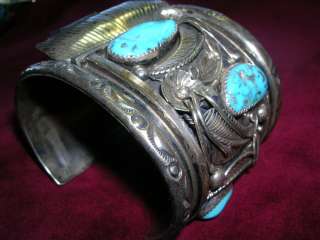 Turquoise sterling silver watchbracelet 2 1/8 wide 139 grams signed L 