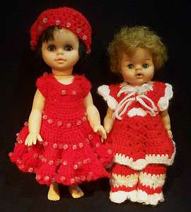 Vintage 11 12 Baby Dolls in Red Hand Crocheted Outfits  