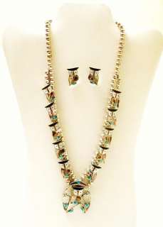   Sterling Turquoise Gems OWL Squash Blossom Necklace Set   P Natewa