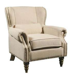 Linen Wingback Chair On Hand Carved Oak Frame  