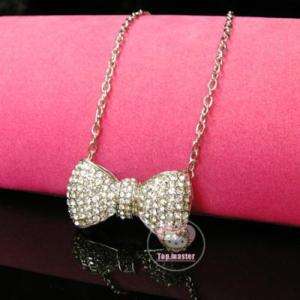 LARGE SILVER CRYSTAL PAVE BOW STATEMENT NECKLACE A25  