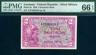 GERMANY  Federal Republic, P 3a, 2 Deutsche Mark,1948, GEM UNC, PMG66 