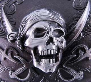 Black Enamel Pirate Skull & Crossbones Belt Buckle  