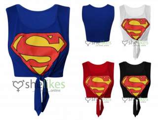 Womens Sleeveless Crop Top Ladies Superman Logo Print Tie Tshirt Vest 