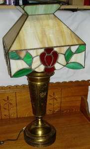 Caramel Slag Stained Glass Table Lamp Brass Base Arrow  