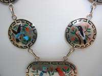   HANDMADE STERLING SILVER INLAID TURQUOISE STONE BIRD FLORAL NECKLACE