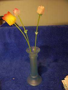Glass Light Blue Frosted Vase with Plastic Roses CUTE  