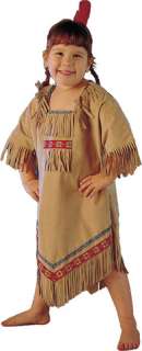 The toddler Girl Indian costume includes long dress with fringed 