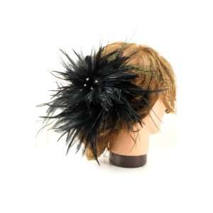 Lovely (Real) Feather with Rhinestone Corsage Brooch Hairpin   Black 