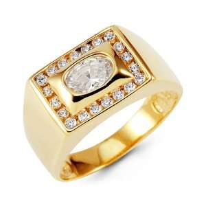    Mens 14k Yellow Gold Oval Crown Round CZ Fashion Ring Jewelry
