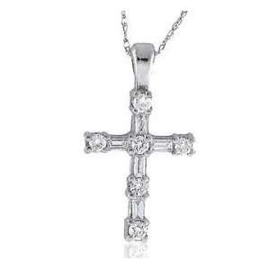    14k Diamond 3/4 Carat Baguette Cross Pendant Necklace Jewelry
