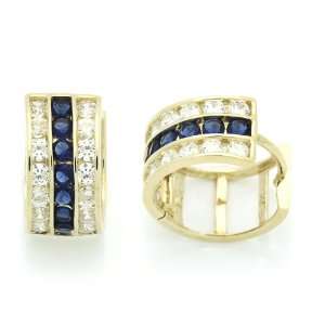   Gold 7mm Huggie Hoop Earrings 13mm Diameter Blue & White CZ Jewelry