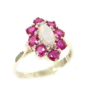 Luxury Ladies Solid White Gold Natural Opal & Ruby Marquise Cluster 
