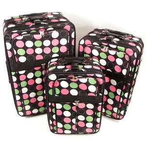  3 PIECE LUGGAGE SET WITH BLACK WHITE PINK GREEN POLKA DOTS 
