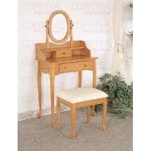   Oak Finish Wood Vanity Table Stool/Bench & Mirror Set