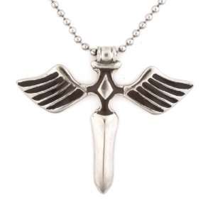 Stainless Steel Mens Polished Sword with Black Enamel Wings Necklace 
