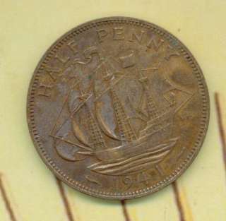1941 One Half Penny Great Britian Georgus VI UK 1/2 Cent Coin  