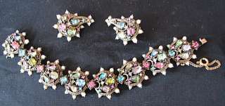 1951 HOLLYCRAFT BRACELET & EARRINGS, PASTELS FAUX PEARL  