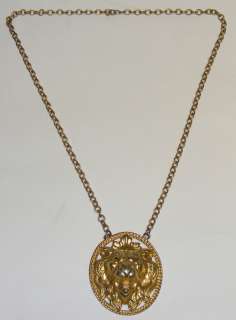Large Vintage Napier Necklace Gold Tone Lion Head Pendant  
