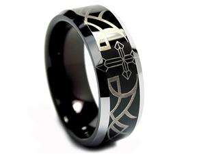   Black Tungsten Wedding Band Ring Laser Etched Cross and Thorn Design
