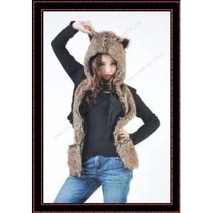  Wolf Full Hood 3in1 Hat/Scarf/Mittens Faux Fur with Fleece 