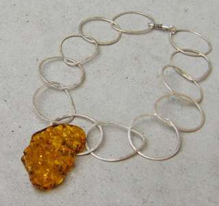 RAW AMBER PENDANT BRUSHED SILVER CHAIN NECKLACE BIG freeform CINNAMON 