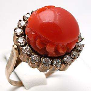 Antique Red Coral & Old European Cut Diamond Ring Solid 14K Gold