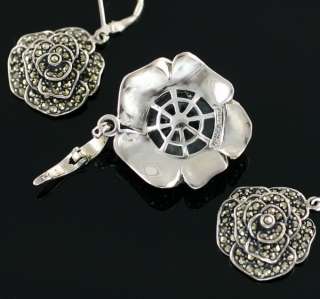 Vintage Sterling Silver Marcasite Flower Pendant Enhancer Earrings 