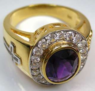 AMETHYST YELLOW GOLD CHRISTIAN BISHOP SILVER RING NEW  
