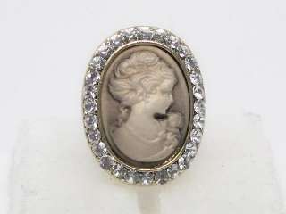 Clear Crystal Elastic Brown Cameo Ring Gold Tone s1112  