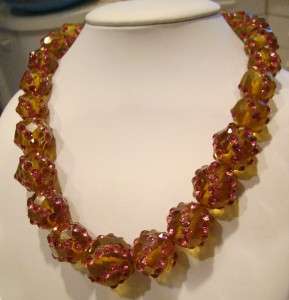   FACETED BAKELITE & RHINESTONE NECKLACE, TRANSPARENT APPLE JUICE  