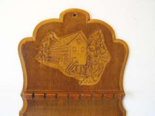 Vintage Wooden Spoon Rack with Mill Carving  