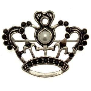 Acosta Brooches   Vintage Style Pearl & Jet Black Crystal Crown Brooch