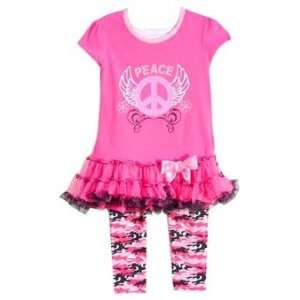  Girls Pink Peace Sign Ruffle Tunic and Camo Legging Set (4 