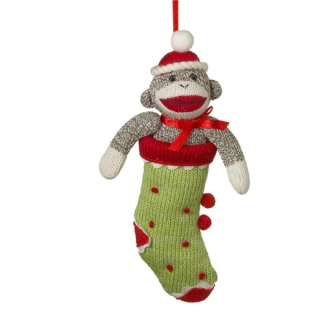   Style Gray Sock Monkey in Green Red Stocking Christmas Ornament  