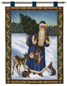 Father Christmas ~ Santa Claus w/Deer & Bunny Rabbits Tapestry Wall 