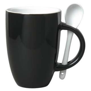 Ceramic 12 oz Black Coffee Mug + Spoon set of 4 NEW  