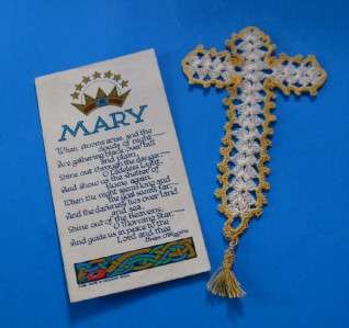 Crocheted Bookmark Cross with Marian Holy Card Vintage Ireland  