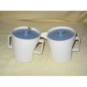 Vintage Tan Almond w/ Blue Lid Tupperware Sugar Bowl & Creamer Set