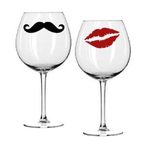 Wine Glass Decal Set   Kiss and Mustache   Ruby Red Lips