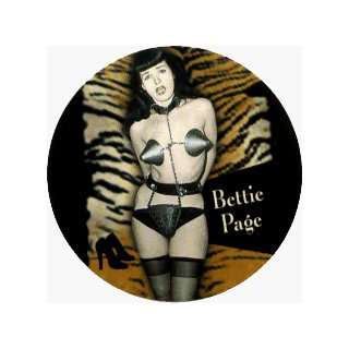 Bettie Page   In Metal Cone Bra on Brown Zebra Print   Round Sticker 