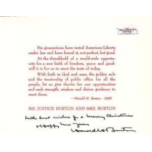  HAROLD H. BURTON HAND SIGNED 1940s HOLIDAY CARD JSA COA 